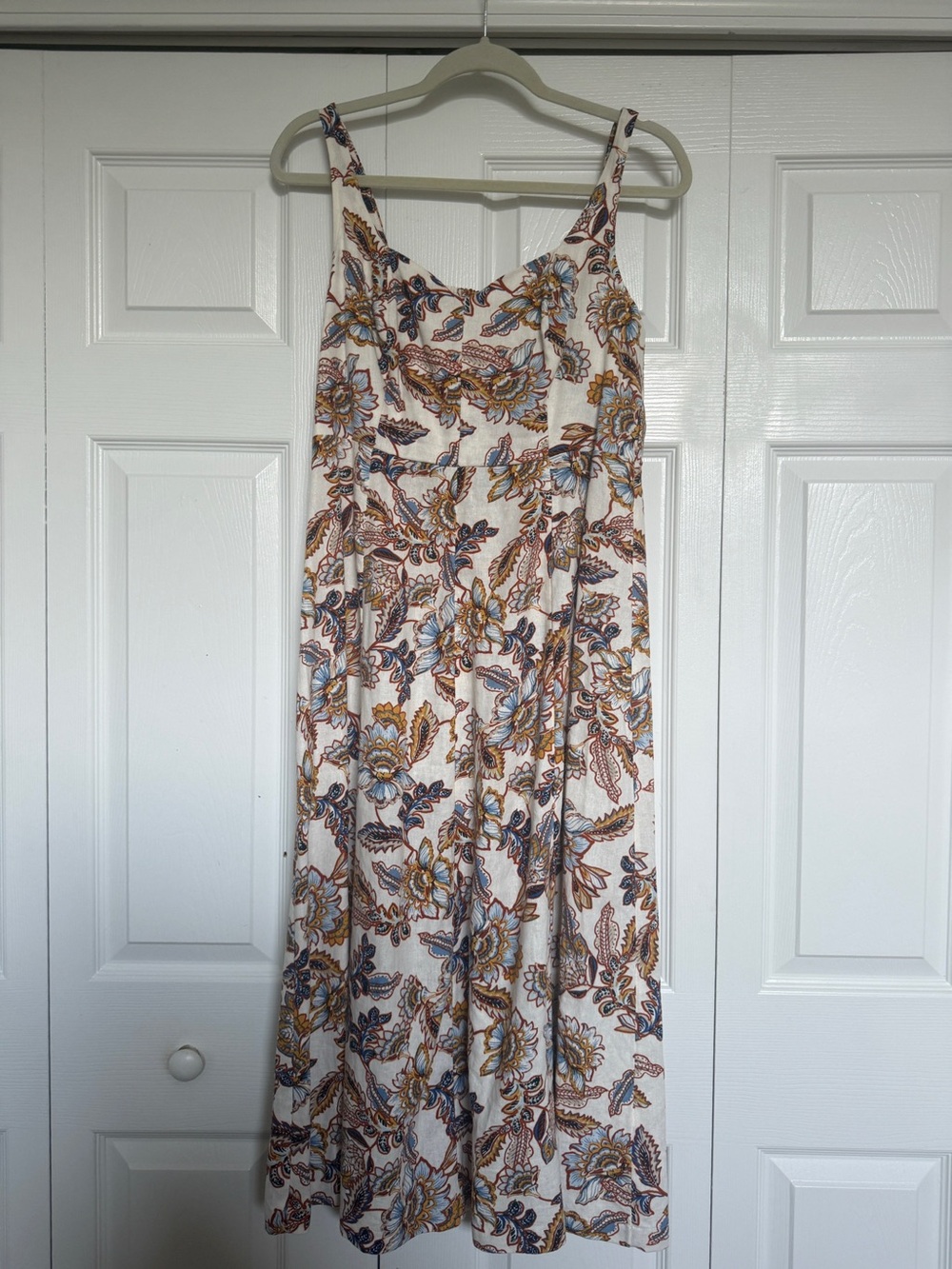 Old Navy Cream Floral Midi Dress with Blue & Brown Accents